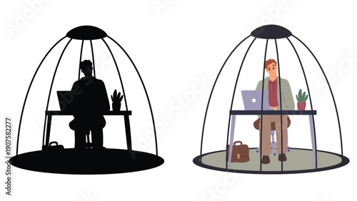 Laptop computer vector illustration of a man working inside a protective dome