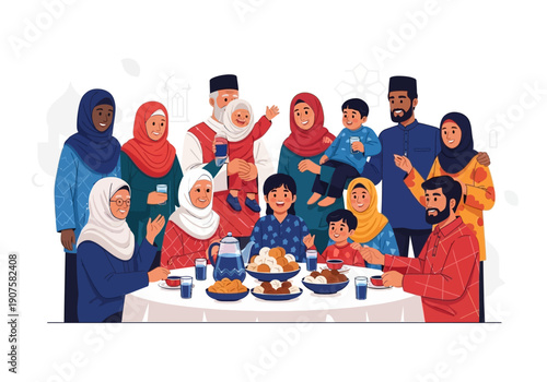 Happy Muslim Family Celebrating a Festive Meal Together Around a Table, Ramadan Gathering Illustration