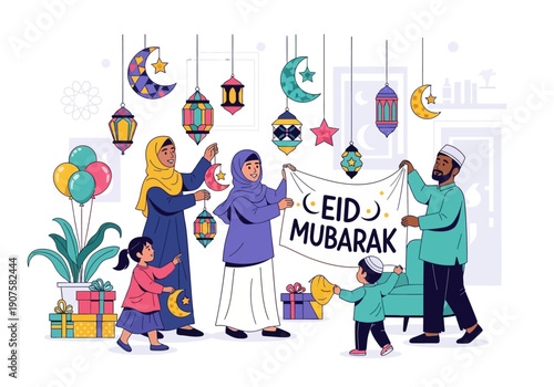Eid Mubarak celebration with family under crescent moon and lantern decorations