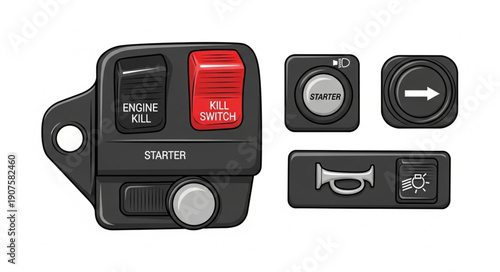 Motorcycle handlebar controls and buttons isolated on white background.