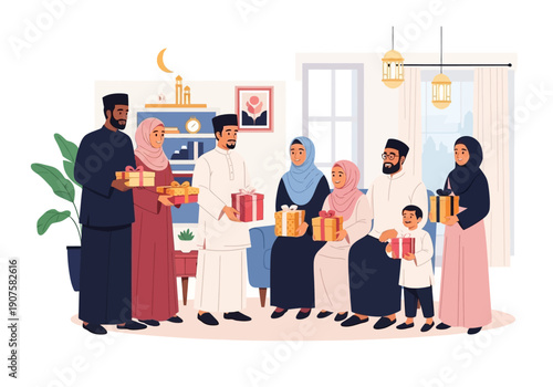 Happy Muslim Family Celebrating Together with Gifts and Festivities at Home