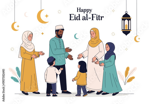 Happy Eid al-Fitr celebration with a Muslim family gathering in traditional attire, crescent moons, and lanterns
