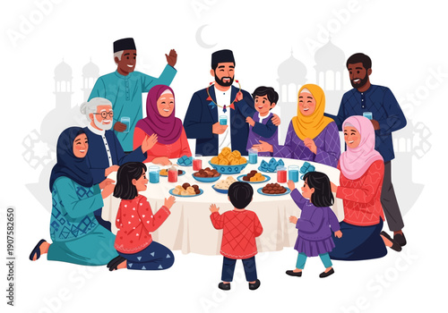 A diverse multiracial Muslim family enjoying a festive meal together during Ramadan or Eid celebration