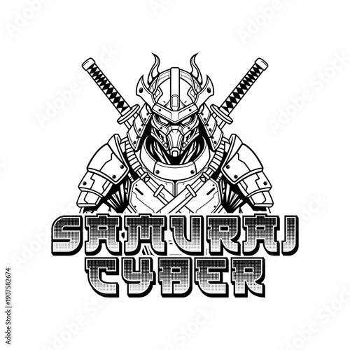 Cyber Samurai Robot Mascot Logo Design with Katana Swords for Gaming and E-sports Branding