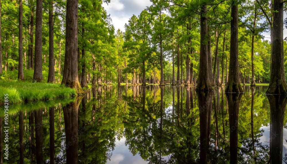 Obraz premium Serene forest landscape with trees reflected in calm water