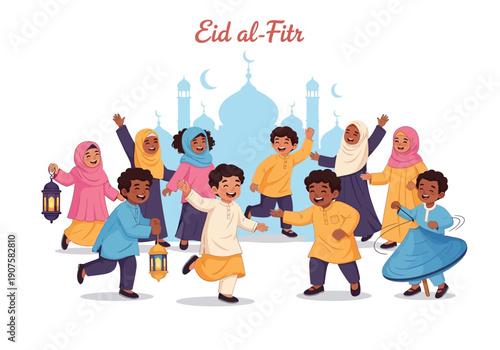 Happy Eid al-Fitr celebration with diverse children dancing and celebrating with lanterns in front of a mosque illustration