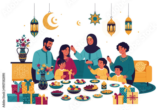 Family celebrating Eid al-Fitr with gifts and traditional food on a festive table