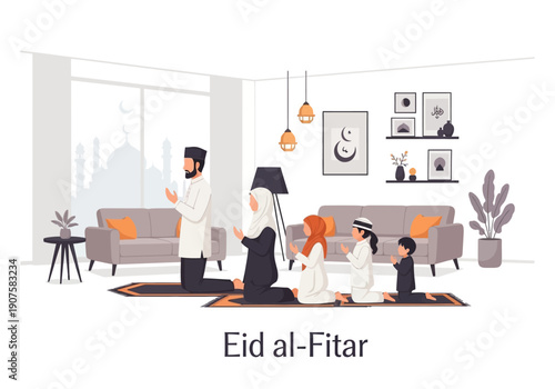 Muslim family praying together at home during Eid al-Fitr celebration