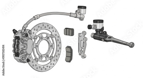 Motorcycle Brake System Components Isolated on White Background.