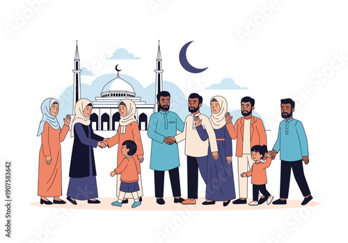 Muslim community celebrating Eid al-Fitr, a festive gathering with family and friends, embracing traditions and togetherness