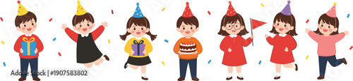 Cute kids birthday party characters vector set with children wearing hats holding gifts and celebrating isolated on white background