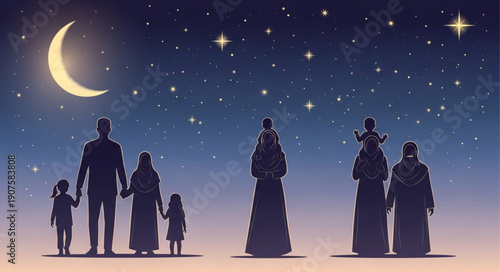 Family and wise men silhouettes under starry night sky with crescent moon.