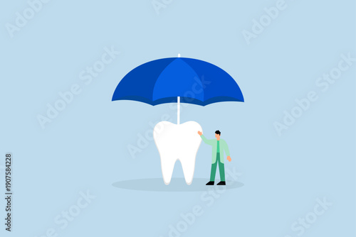 Dental insurance covering healthcare and medical cost, dentist stands with strong clean tooth under large umbrella cover.