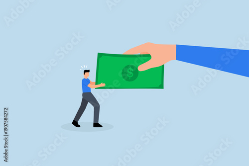 Fight for money, large hand with small businessman pulling banknote.
