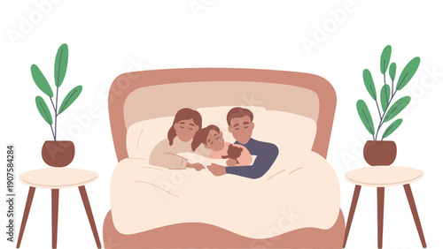 Family vector illustration of parents and child sleeping together in bed