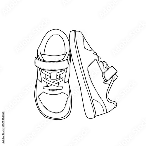 An outline illustration of children's athletic shoes with velcro straps, one viewed from the top and one from the side. This simple vector graphic is isolated on a white background.