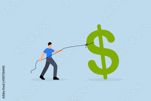 Working hard for money, overworked businessman pull large dollar sign from job.