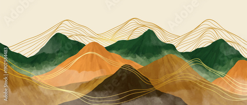 Creative minimalist hand painted illustrations of Mountain landscape watercolor painting with golden line art texture. Abstract contemporary aesthetic backgrounds landscapes. mountains and hills