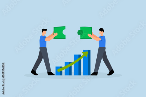 Wealth management, businessman wealth expert team solve money puzzle profit growth chart.