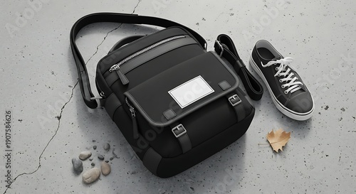 A black backpack with a laptop and earbuds lies on a cracked concrete floor next to a shoe