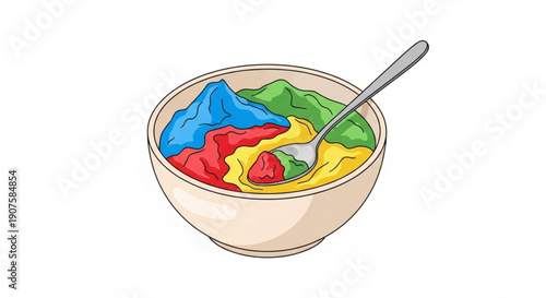 Colorful dessert bowl with spoon mixed sweet treat