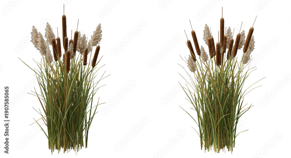 Fototapeta premium Lush cattail plants isolated on white background swaying gracefully with serene natural appearance