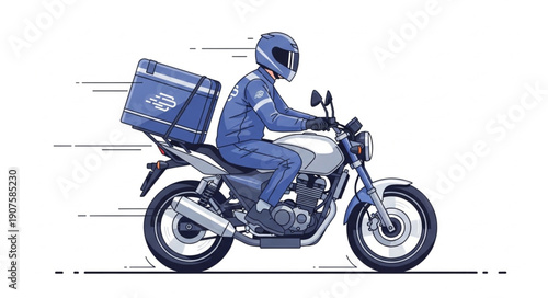 Motorcycle delivery person in blue uniform with large blue insulated box on back.