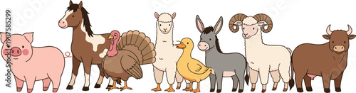 Farm animal lineup vector set with pig horse turkey sheep duck donkey goat and cow isolated on white background for agriculture designs