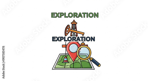 Exploration concept with map pin magnifying glass and oil rig illustration.