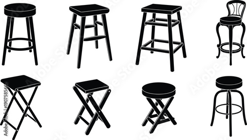 Black Bar Stools Silhouette Set Featuring Various Furniture Designs Modern Cafe Seating People Dining at Tables and Restaurant Lifestyle Icons Isolated on White Background Vector