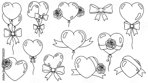 Collection of charming hand drawn black and white outline heart shaped balloons adorned with beautiful bows and romantic roses perfect for valentines day