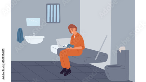 Prisoner sitting on a bed in a jail cell reading a book