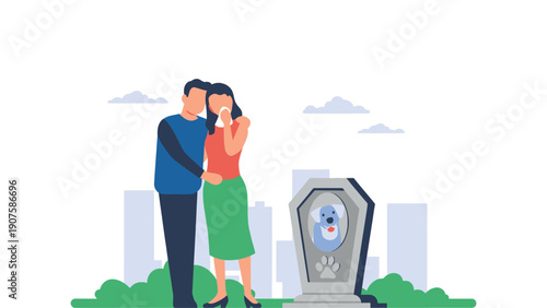 Couple standing beside a pet tombstone in a city park illustration