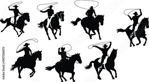 Cowboy horse riding silhouettes with lasso rope action poses isolated on white background western rodeo ranch vector set