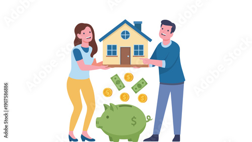House icon with couple holding it and piggy bank with money