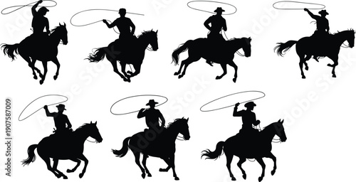 Cowboy riding horse silhouettes with lasso rope action poses isolated on white background, western rodeo ranch vector illustration