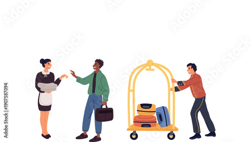 Hotel staff assisting a guest with luggage cart at the front desk