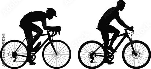 Cyclist silhouettes riding road and mountain bikes isolated on white background, athletic cycling sport fitness training vector illustration