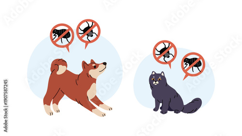 Flea and tick prevention for dogs and cats with warning signs illustration