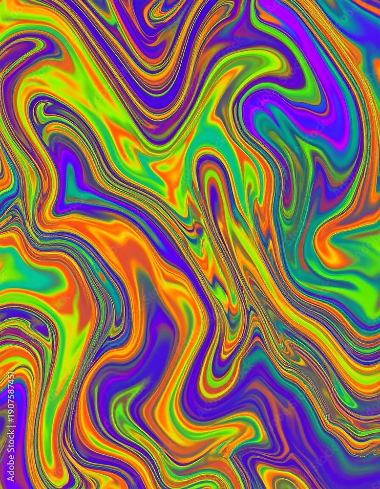 Obraz premium A vibrant, colorful abstract image. Swirling patterns of green, orange, purple, and yellow hues blend creating a psychedelic effect