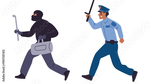 Police officer chasing a thief with a crowbar in a cartoon illustration