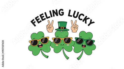 Clover cartoon characters wearing sunglasses and hat with feeling lucky text

