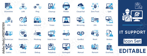 IT support and troubleshooting solid icon set. Vector collection including ransomware, zero trust, downtime, phishing, helpdesk and 2FA symbols.