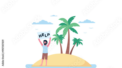 Man stranded on a deserted island holding a help sign illustration vector