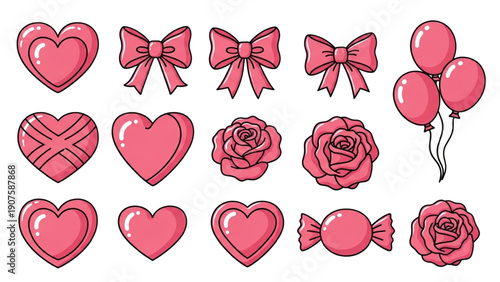 Collection of pink romantic elements featuring hearts bows roses balloons and wrapped candy perfect for valentine's day graphic design assets