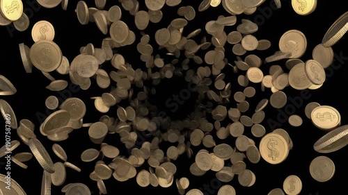 Swirling Gold Dollar Coins Falling into Dark Void, 3D Financial Concept