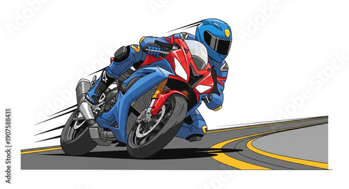 Motorcycle Racer Leaning into a Sharp Turn on a Racetrack.