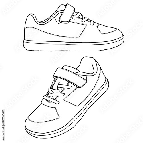 A pair of athletic shoes, one viewed from the side and the other from an angled perspective, featuring laces and a hook-and-loop fastener strap for closure.