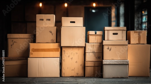 Stacked Cardboard Boxes in an Interior Space with Warm Ambient Lighting and Rustic Background