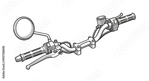 Motorcycle Handlebars with Mirror and Controls Detailed Illustration.